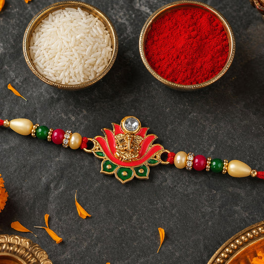 Ganesh Lotus Leaf Rakhi showing detailed designer motif and beadwork