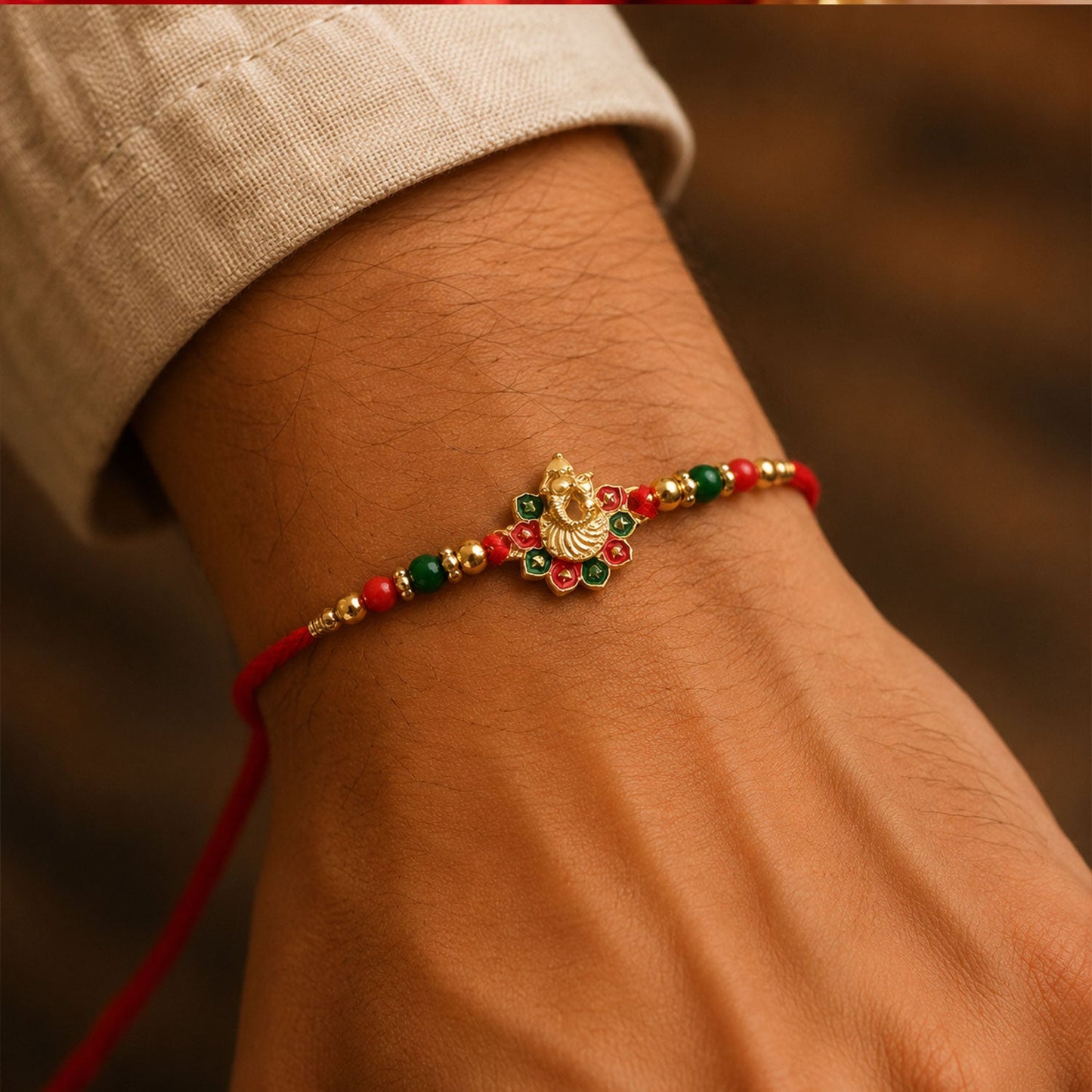 Close-up view of the divine Lord Ganesha motif on the traditional rakhi