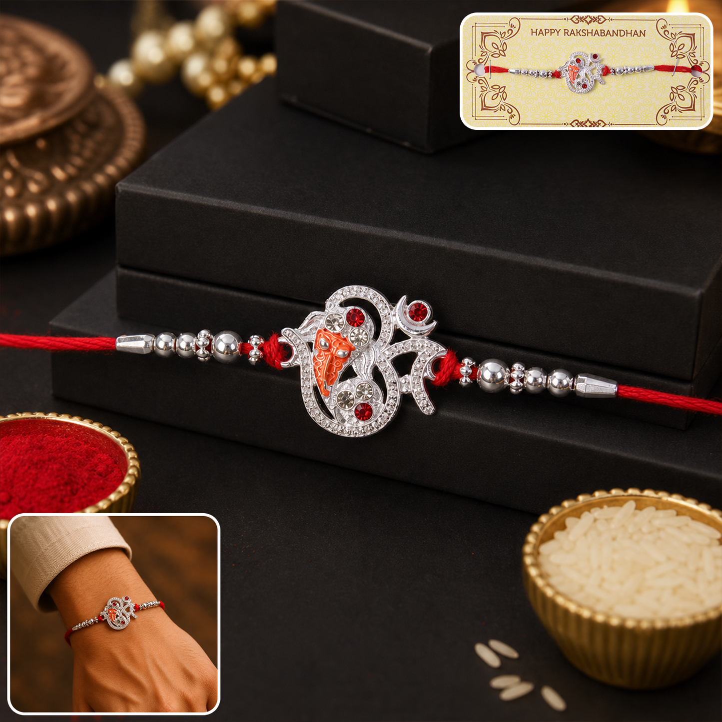 Silver Ganesh Rakhi Thread Bracelet featuring elegant Lord Ganesh motif