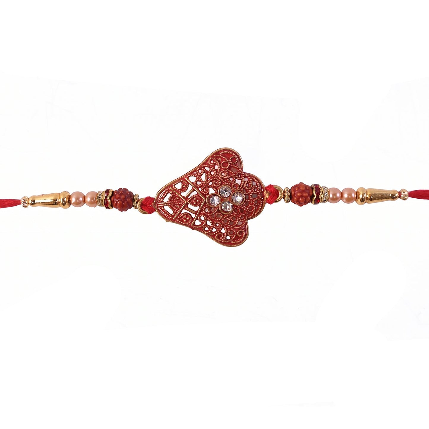 Rakhi with gold beads and pearl chain detailed close-up