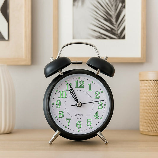 Black Twin Bell Alarm Clock â€“ Loud Analog Desk Clock with Green Numbers