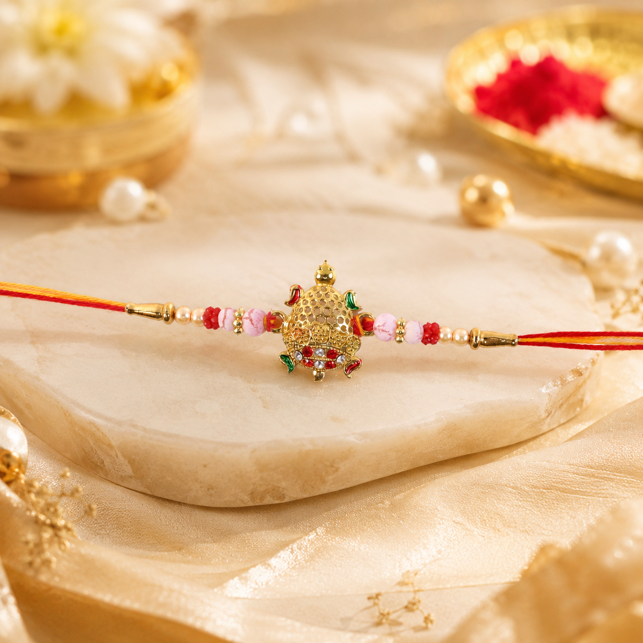Gold Turtle Rakhi with pink pearls and red thread for Raksha Bandhan
