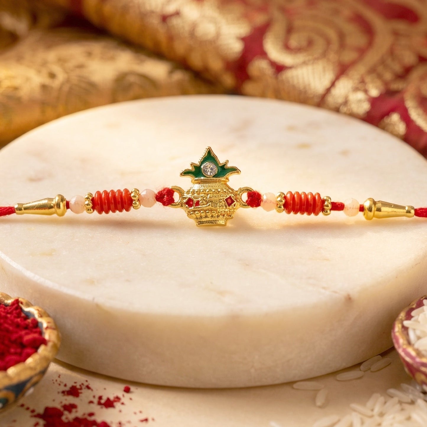 Stylish Sacred Kalash Rakhi on soft thread