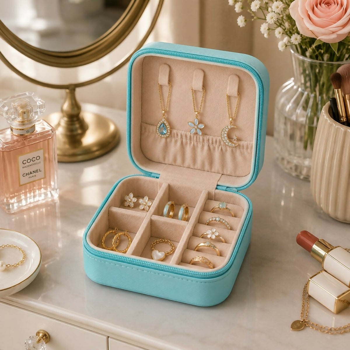 Portable PU Leather Travel Jewelry Organizer for Rings & Earrings
