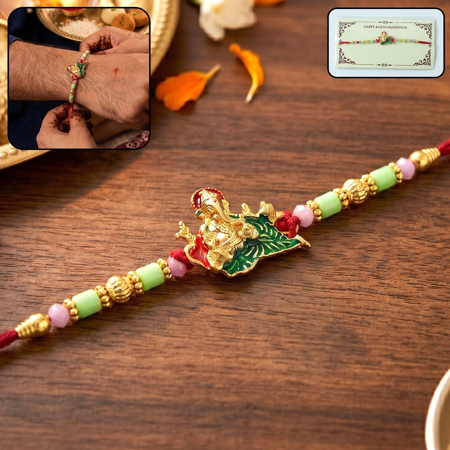 Main view of Lord Ganesha leaf designer Rakhi with detailed decoration