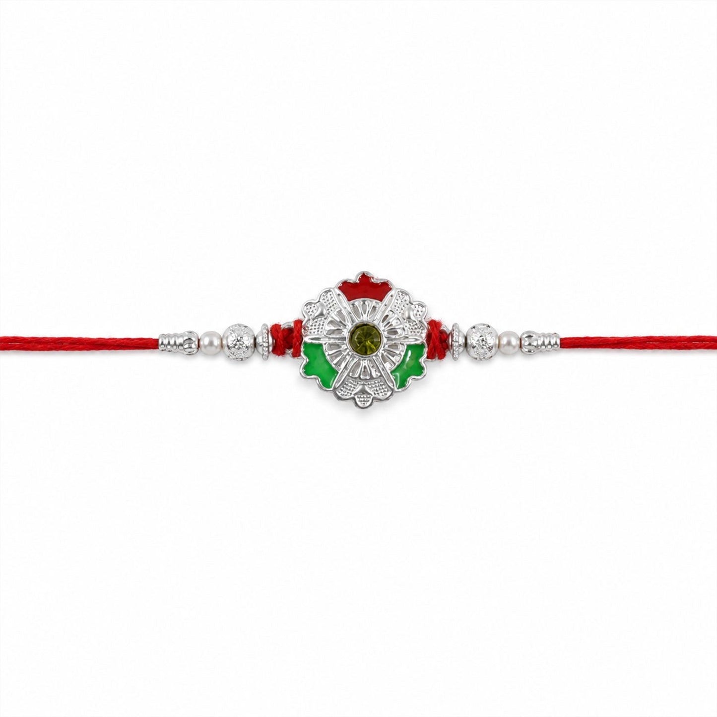Festive rakhi displaying silver beads and red thread