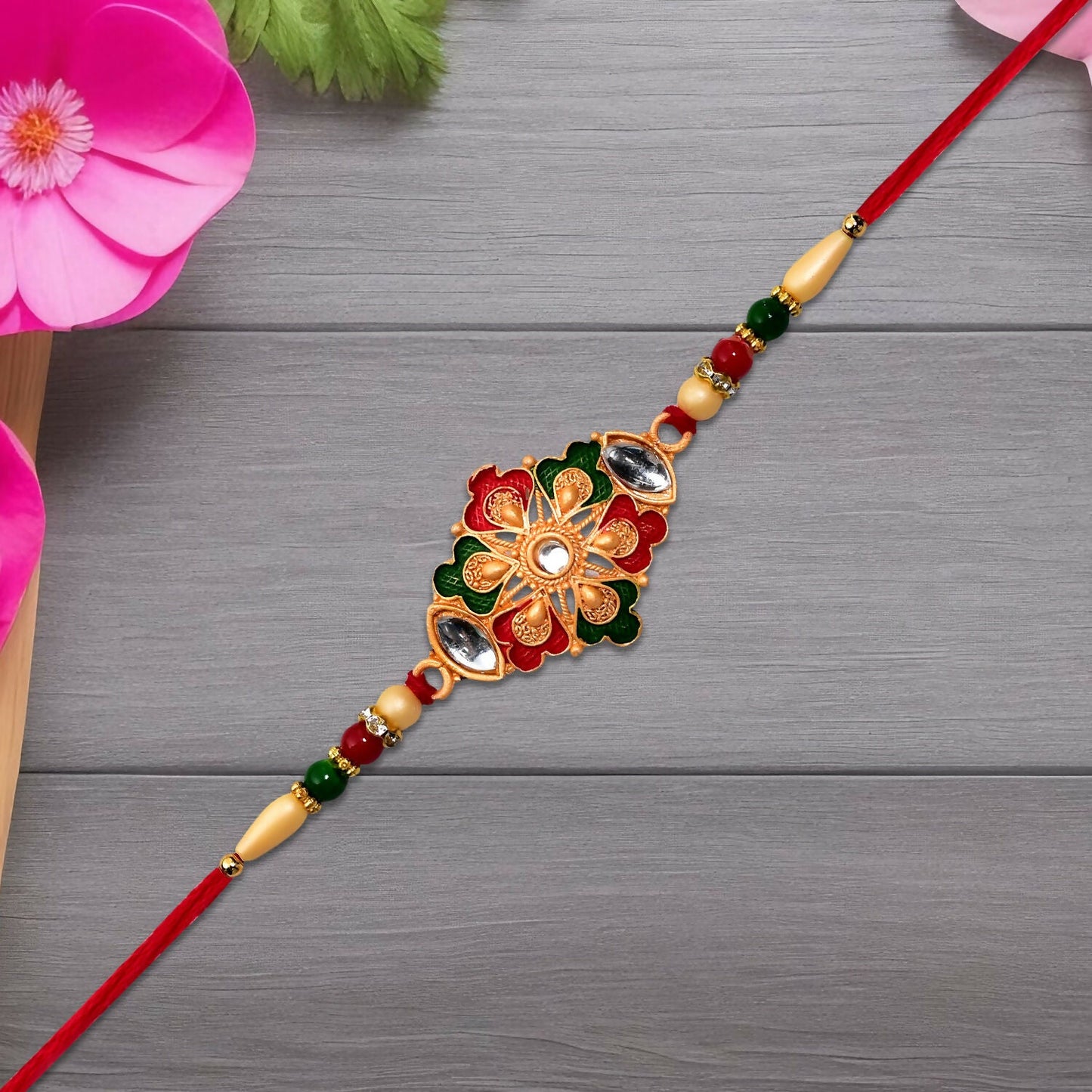 Close-up of handcrafted Designer Rakhi showing intricate detailing and premium thread