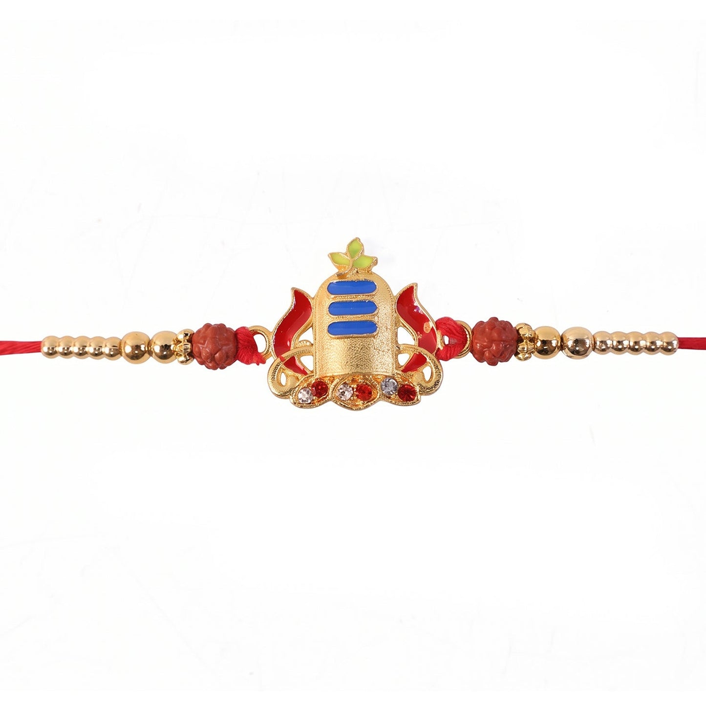 Elegant gold shivling rakhi arranged with decorative thread