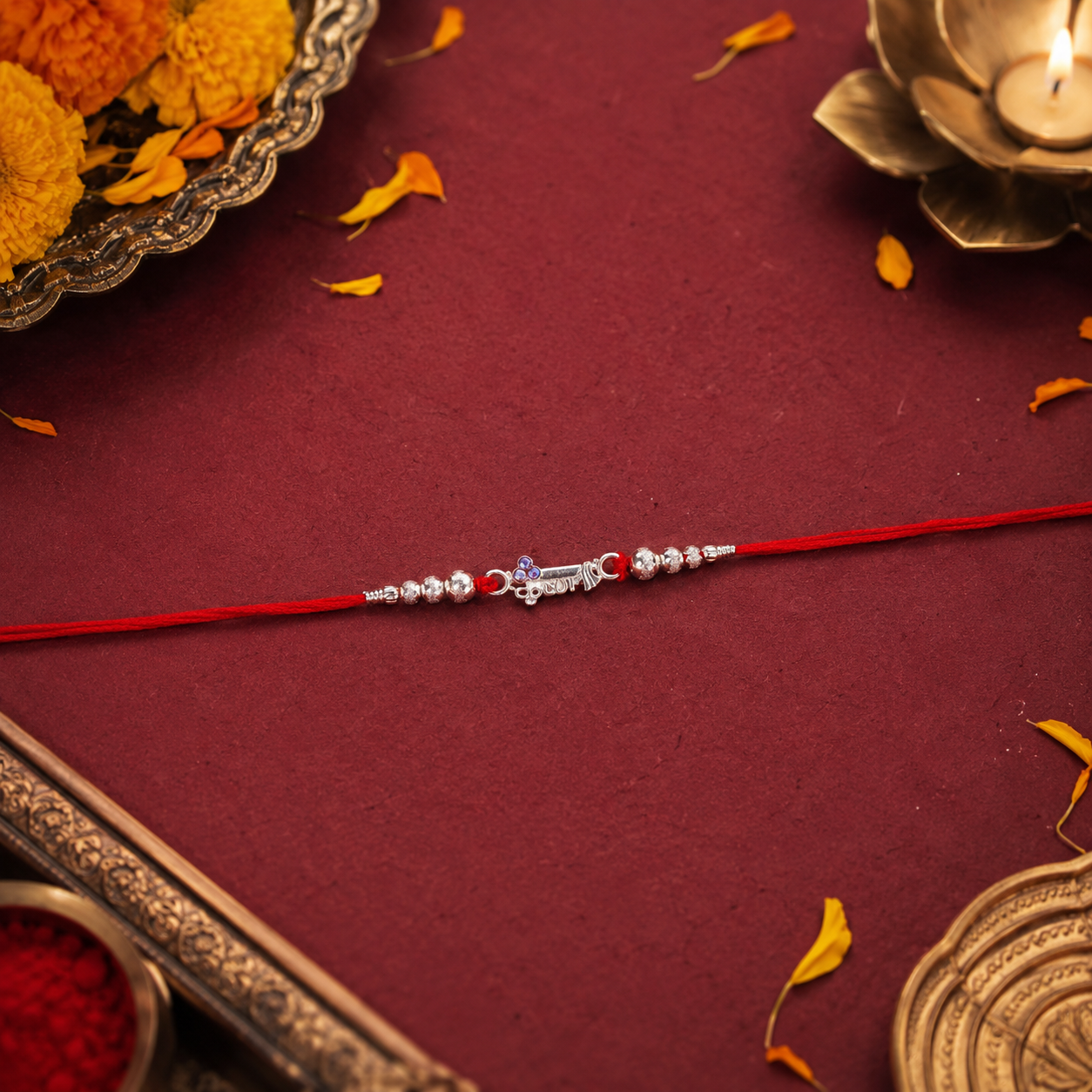 Beautiful traditional silver rakhi with intricate detailing and stylish design
