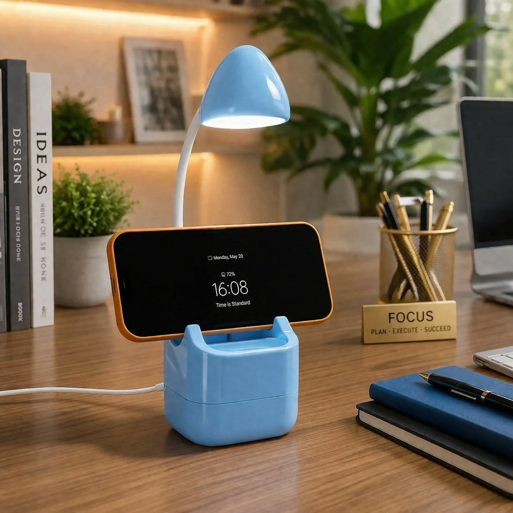 Blue LED Desk Lamp with Mobile Stand & Pen Holder, Flexible Study Light