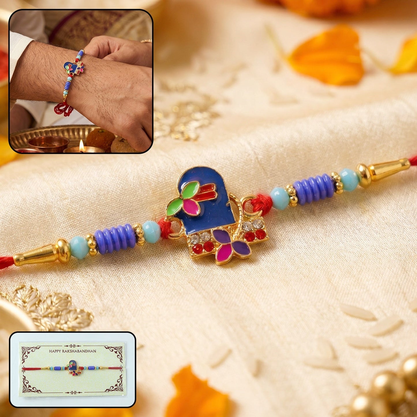 Royal Blue Shiv designer Rakhi with traditional centerpiece