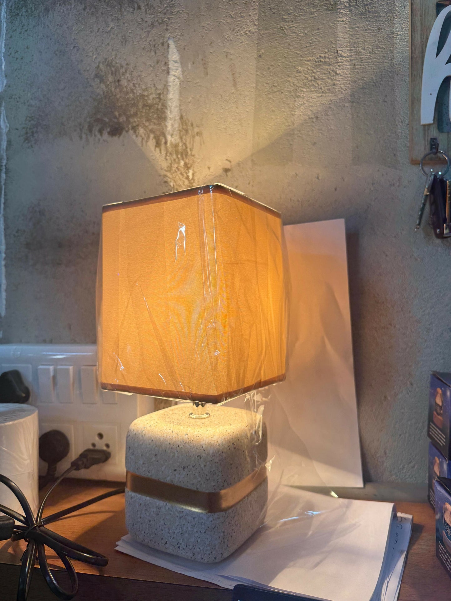 Premium Terrazzo Textured Table Lamp with Warm Square Fabric Shade & Golden Accent Band | Modern Decorative Night Lamp for Bedroom, Living Room & Study | Ambient Lighting Home DÃ©cor Piece