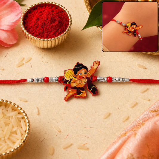 Hanuman Rakhi with decorative beads on a red thread, festive celebration