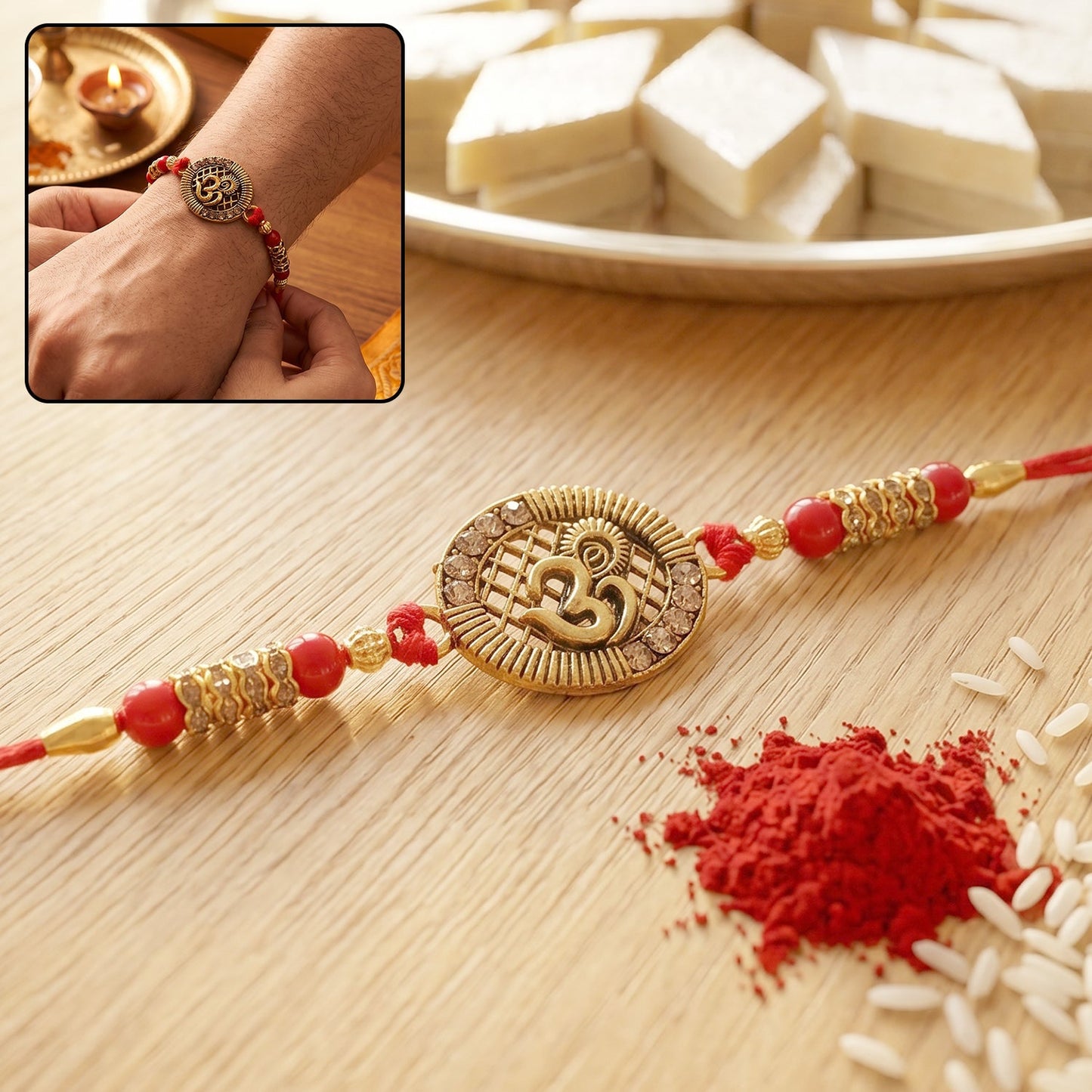 Elegant antique Om coin Rakhi with Rudraksha beads and red thread style