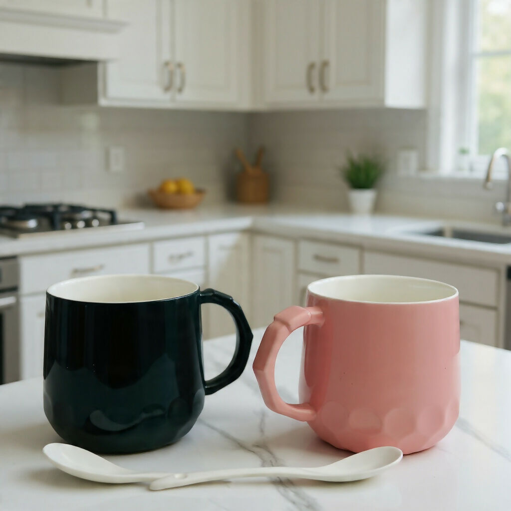 Ceramic Coffee Mug Set of 2 with Spoons, Designer Tea Cups