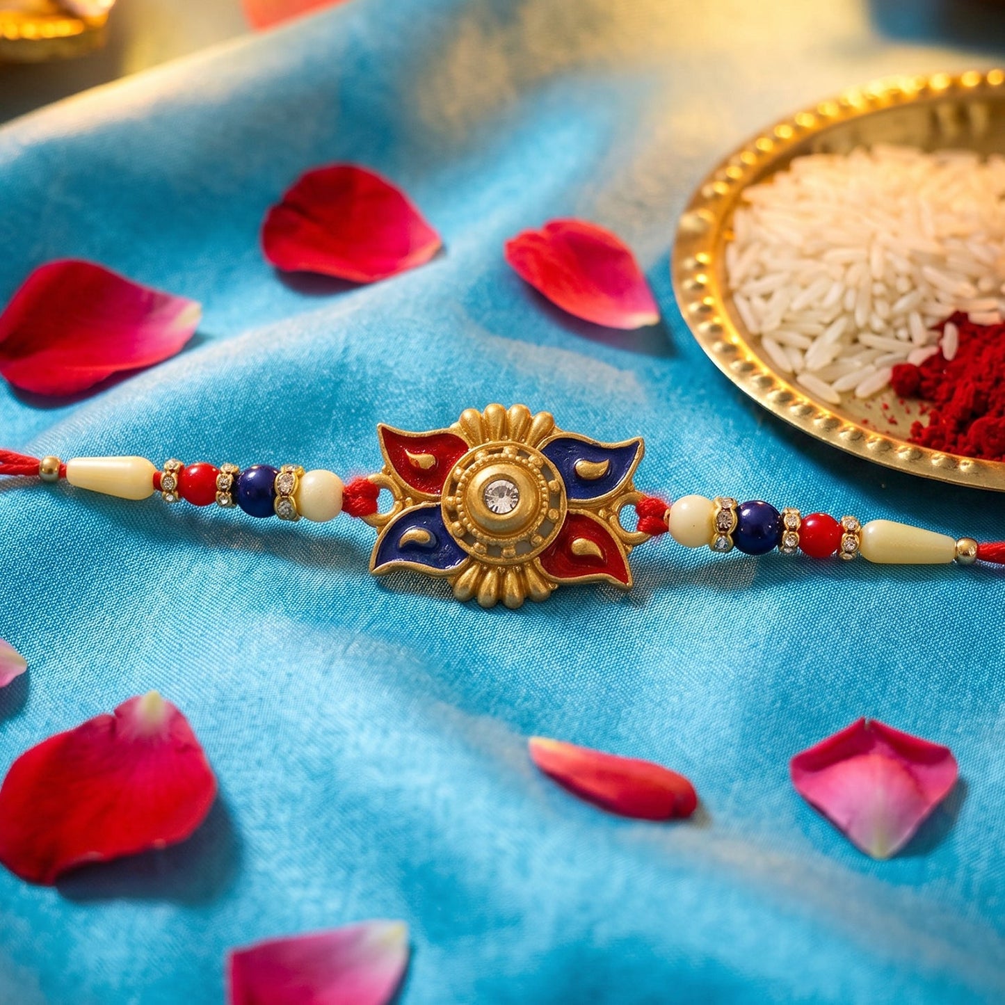 Gold Sunburst Rakhi displayed during Raksha Bandhan celebrations.