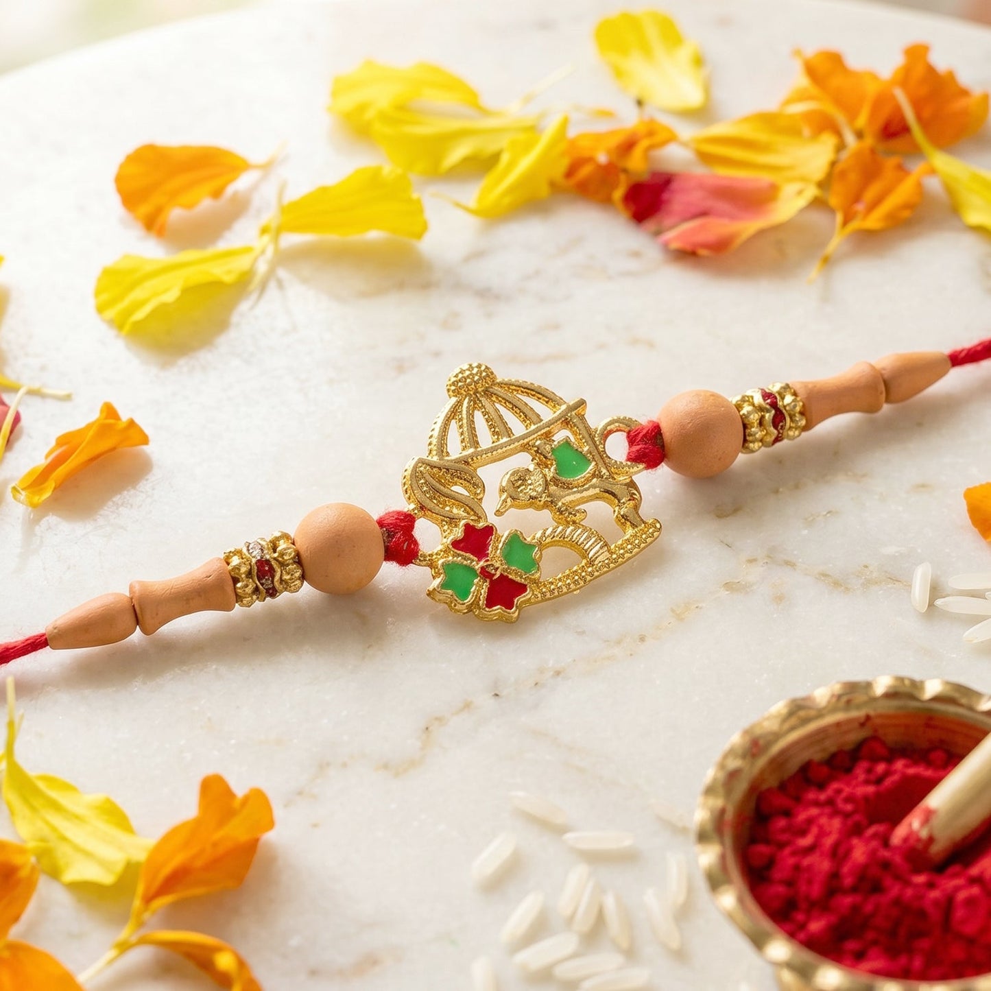 Golden bow and arrow Rakhi showing red thread and bead design