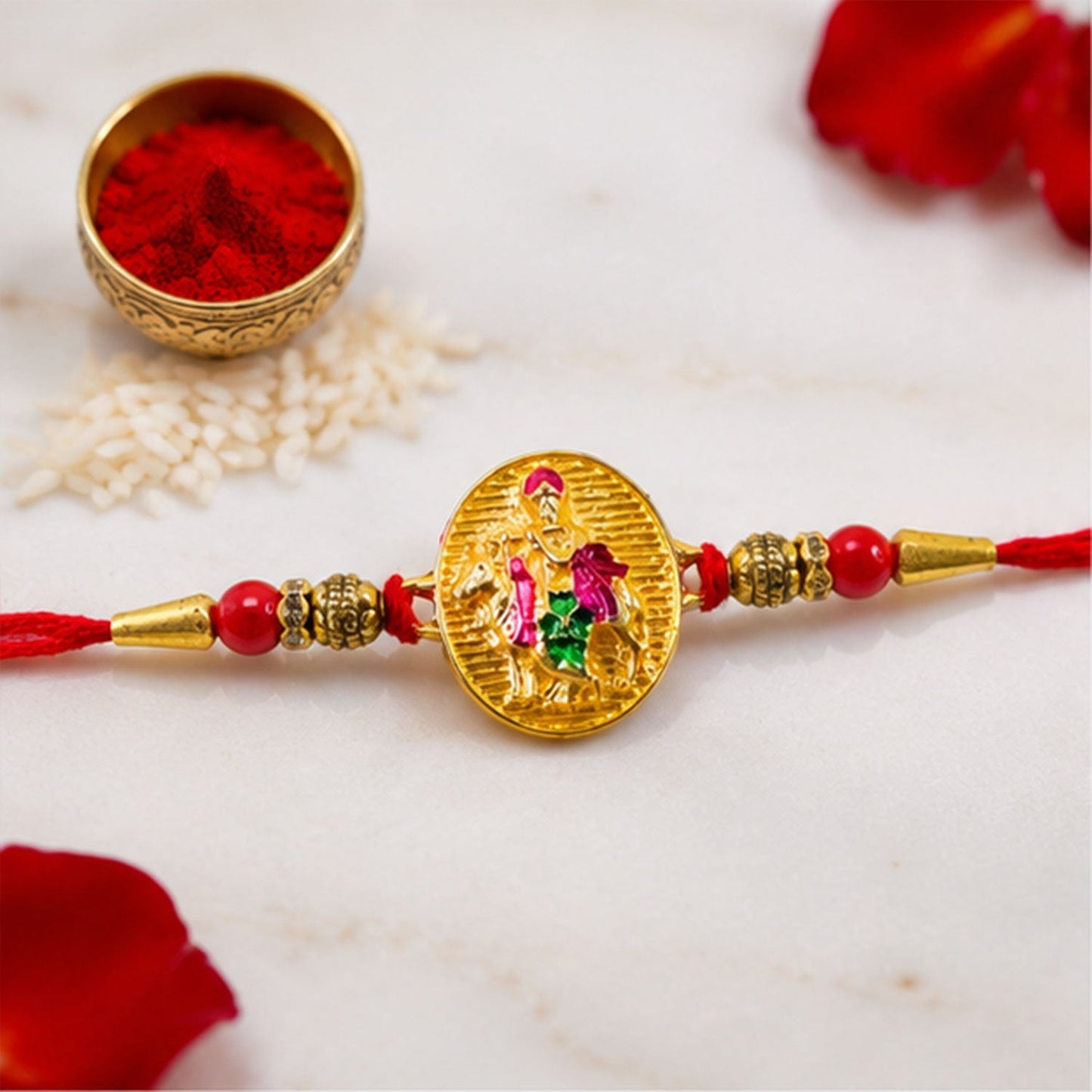 Side view of Dwarkadhish Krishna Rakhi showing thread detail