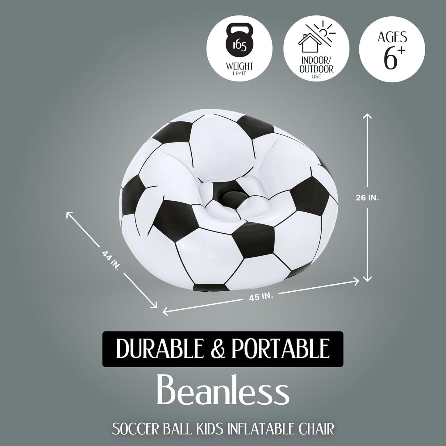 Size indicator showing 110 x 80 cm inflatable soccer ball lounge