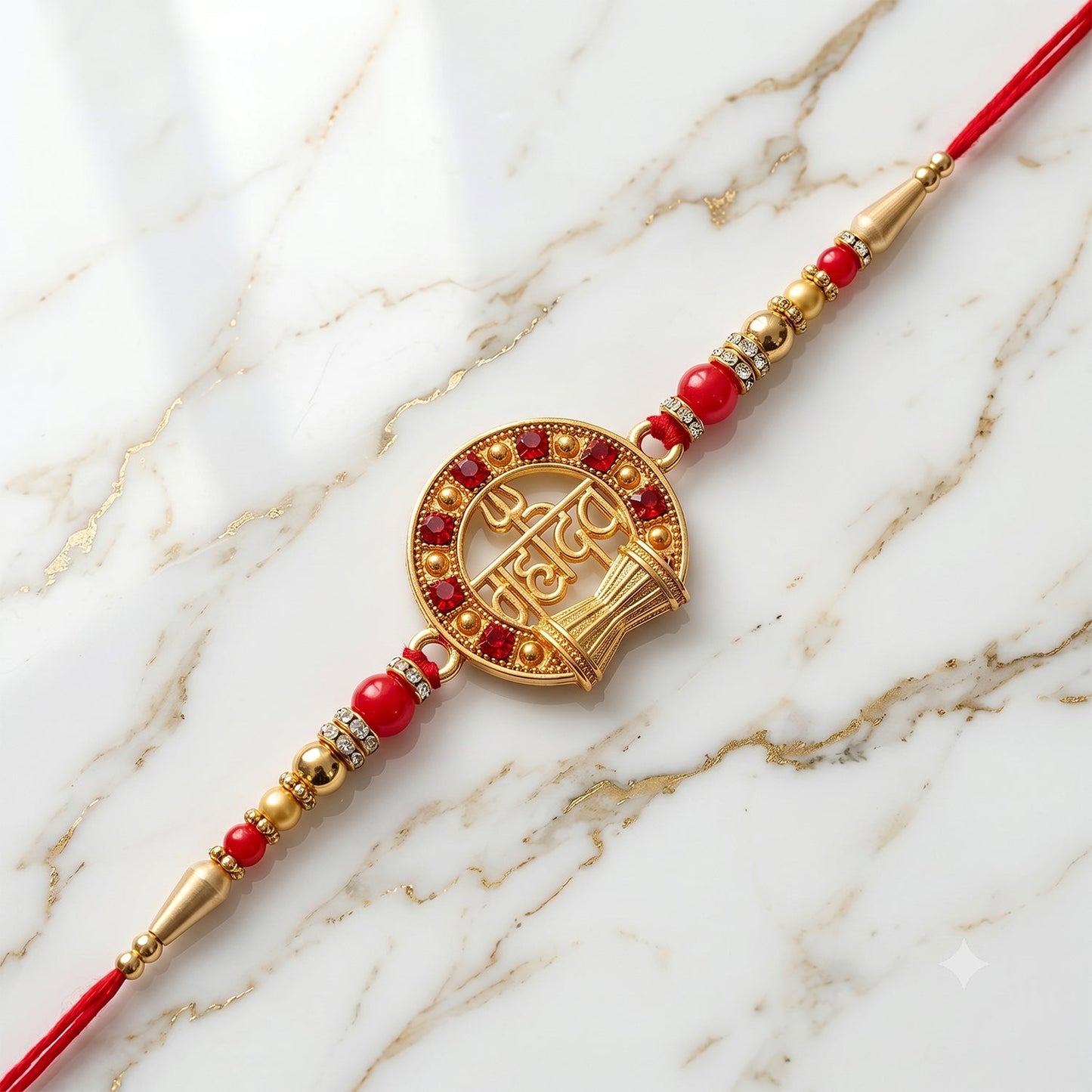 Decorative celebratory rakhi with red pearls and festive look
