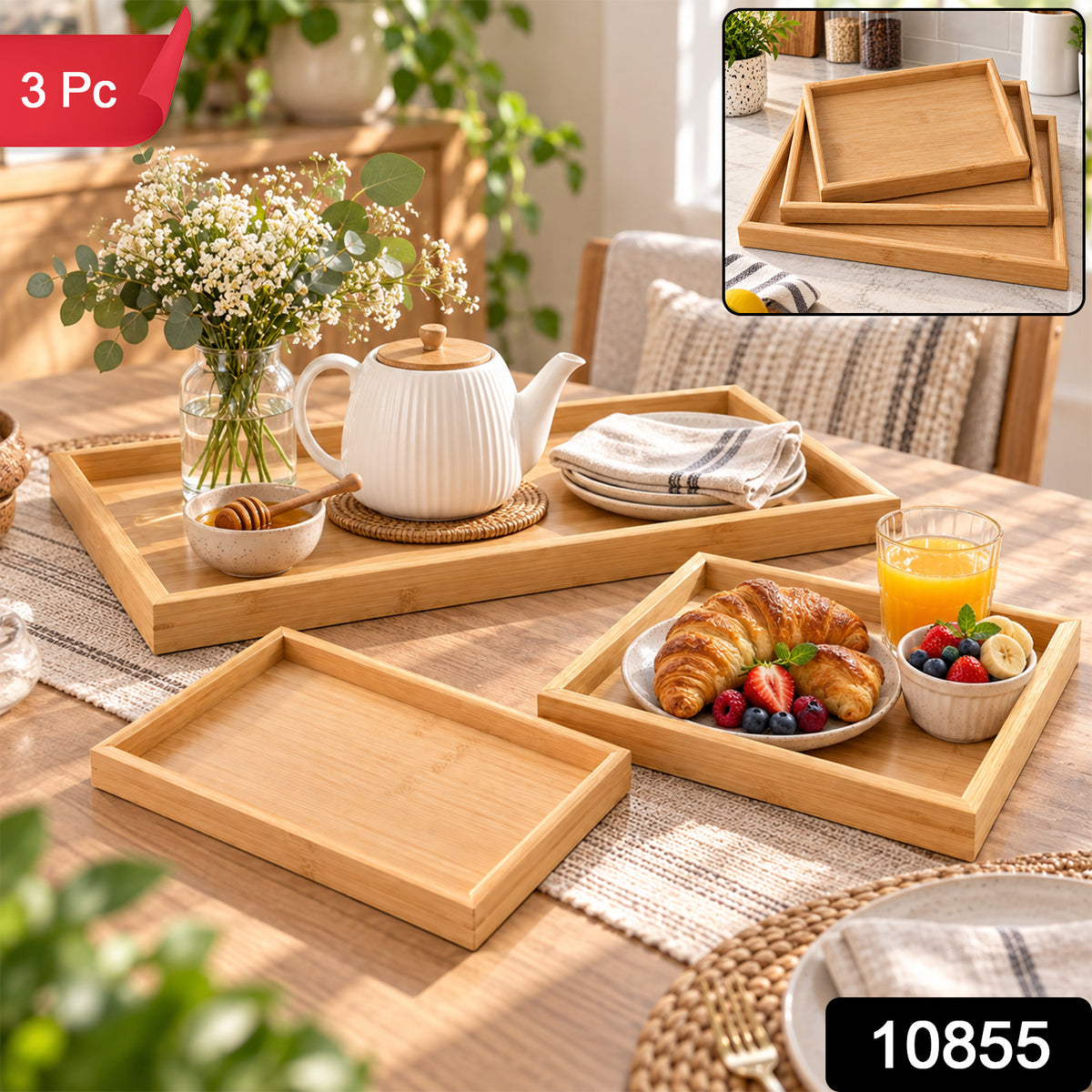 Wooden Finish Multipurpose Serving Tray Set (3 Pc)