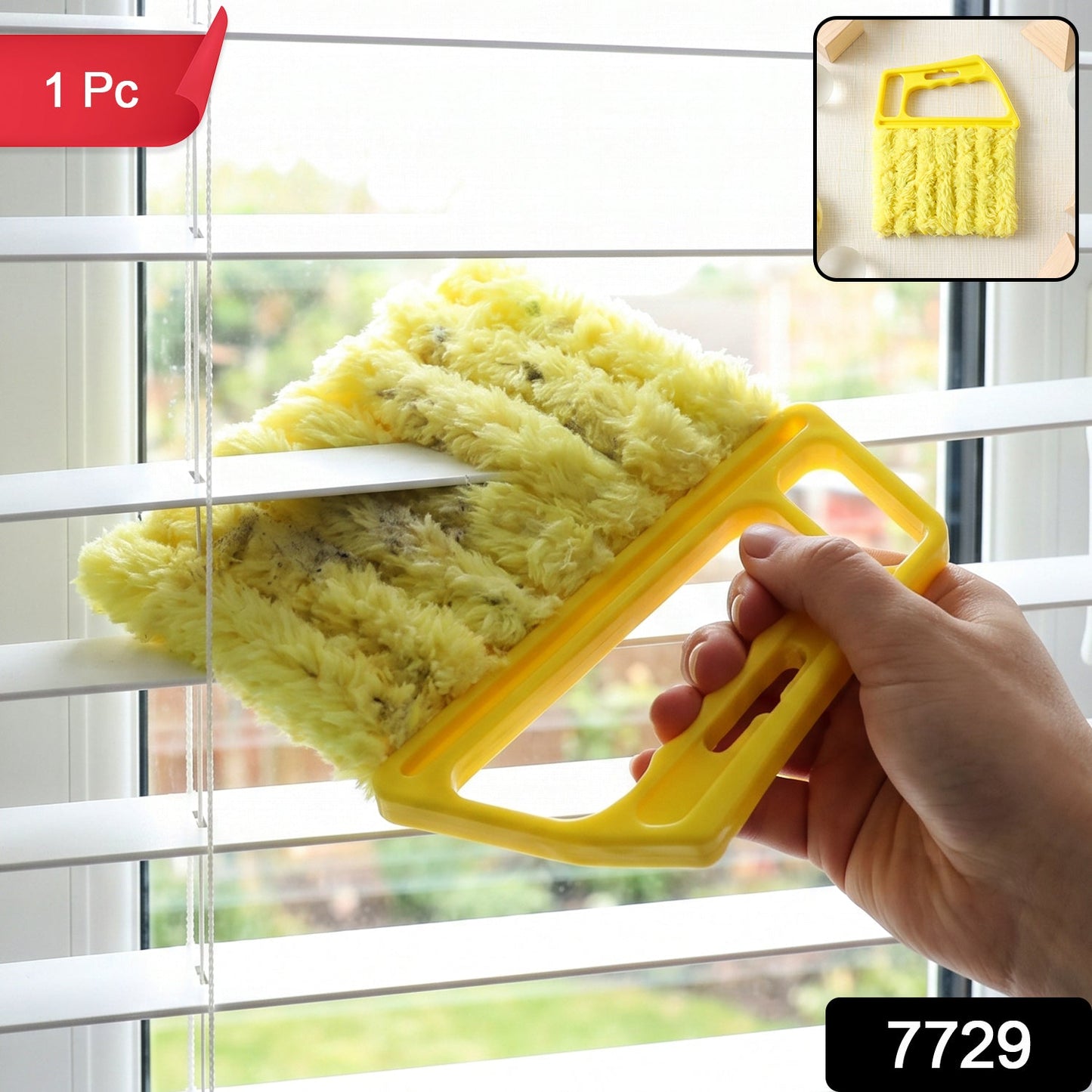 A hand uses a yellow microfiber blind cleaner on white blinds, with a red "1 Pc" label and a "7729" label.