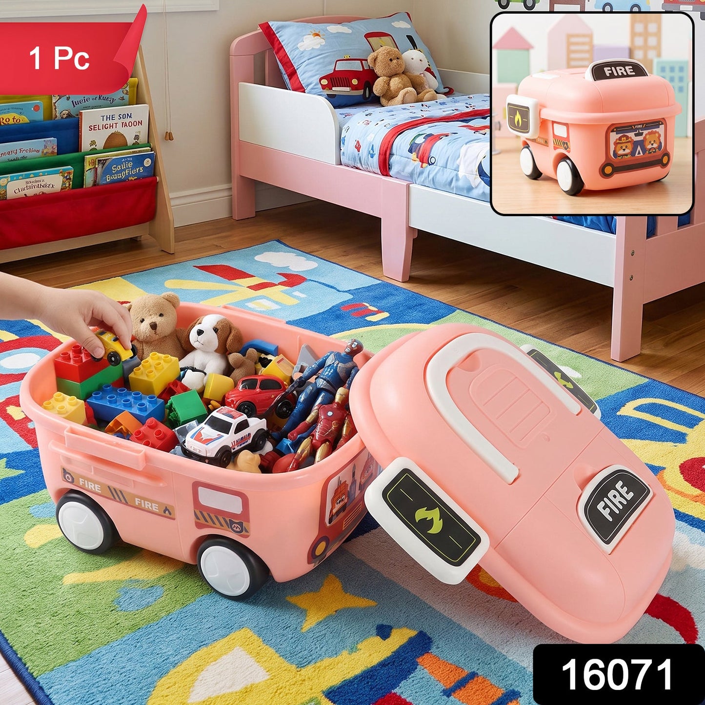 Pink fire truck toy storage box filled with colorful toys in a child's bedroom