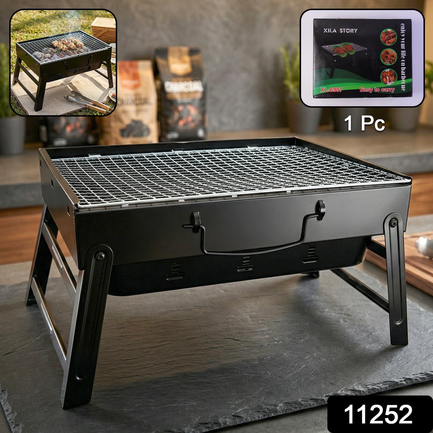 Portable Foldable Charcoal BBQ Grill with Grilling Mesh (1 Pc, 36x27 Cm)