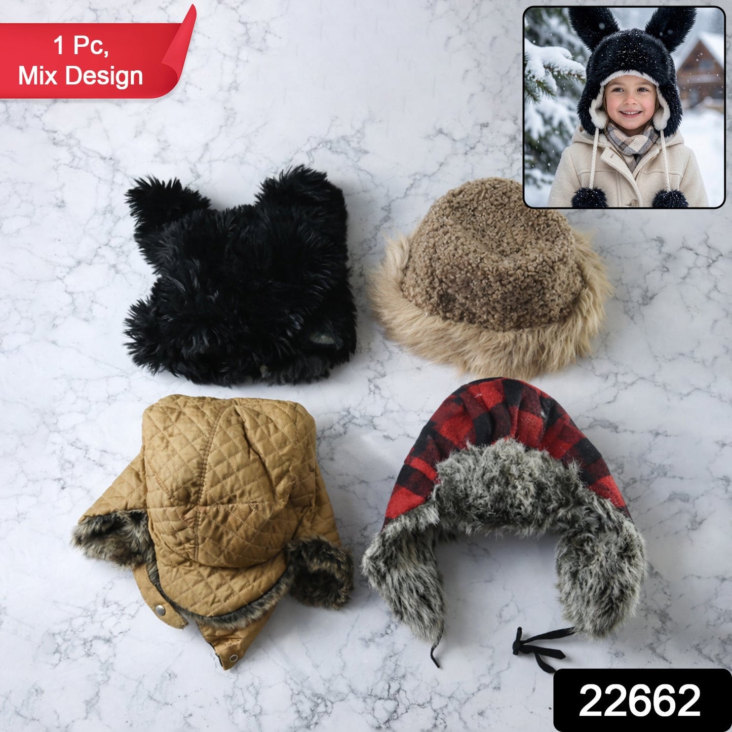 Kids Winter Fur Lined Warm Cap with Ear Flap and Stylish (1 Pc, Mix Design)