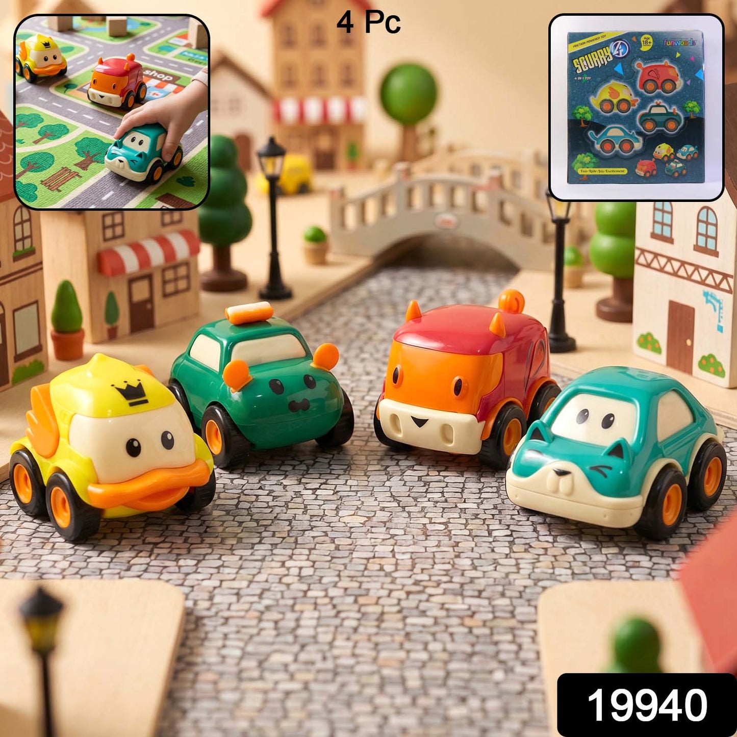 Funwoods Animal Cartoon Pull-Back Toy Car Set Cute Animal Design Friction Pull Back Mini Cars for Kids Playtime Gift Pack 4 Pc