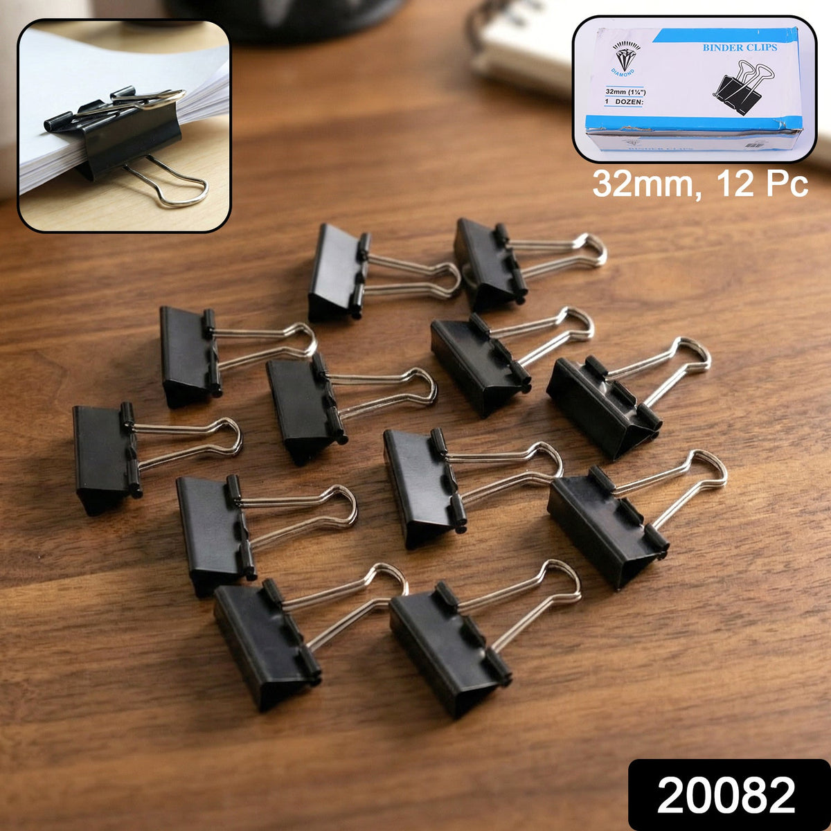 Medium Size Heavy-Duty Black Binder Clips Set (32 mm, 12 Pc)