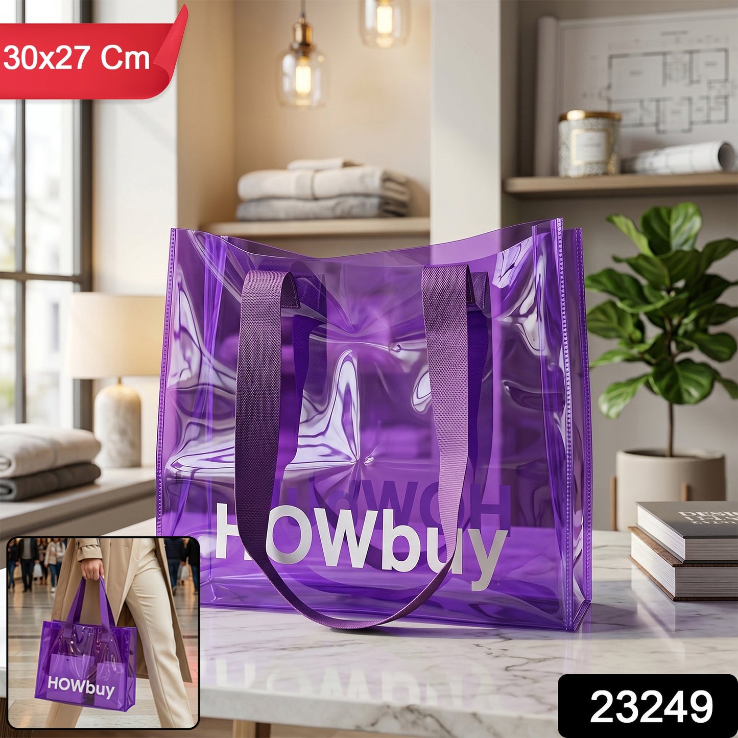 Stylish Transparent Carry Bag with Handle Strap (30x27 Cm)