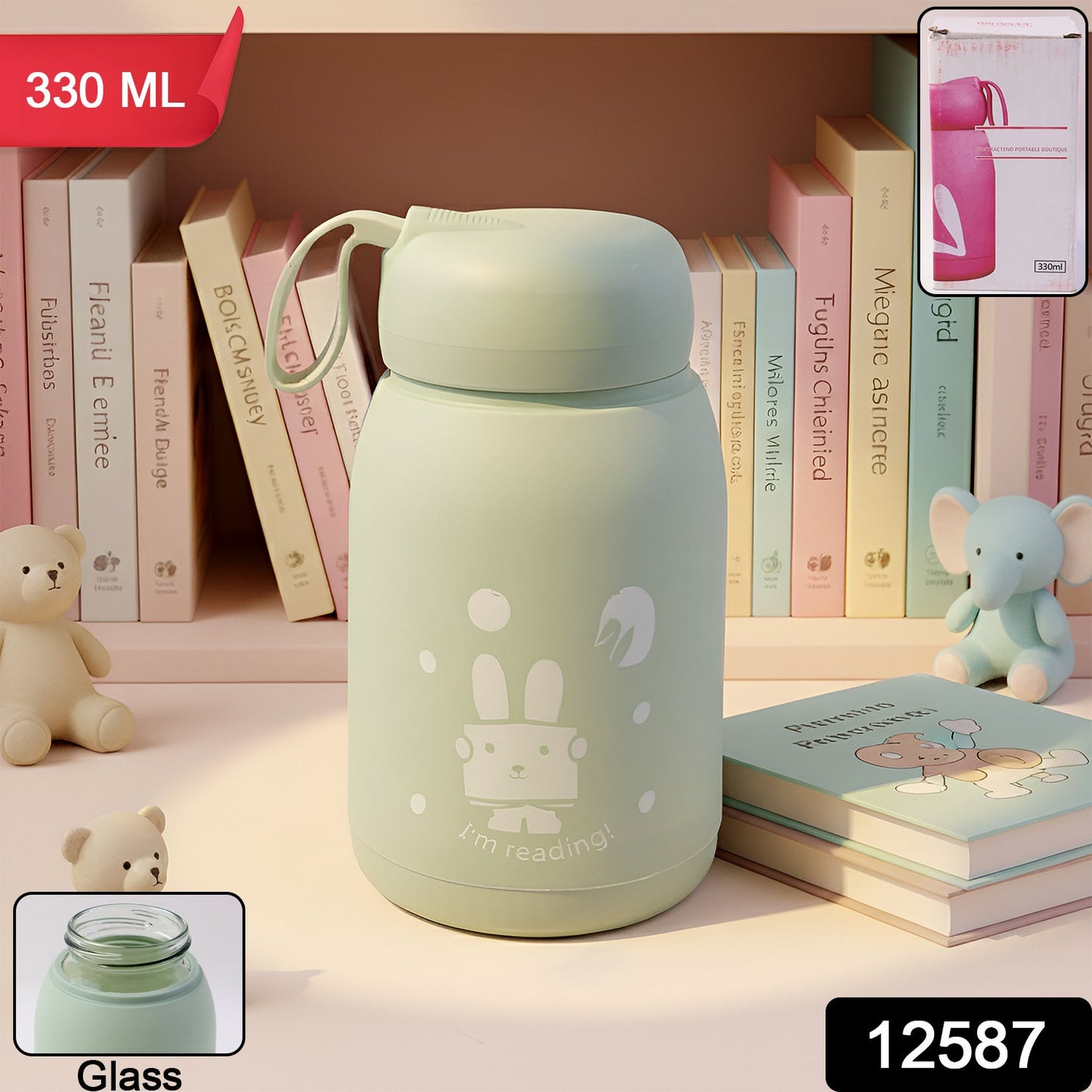 Portable 330ml rabbit printed water bottle highlighting leak-proof design
