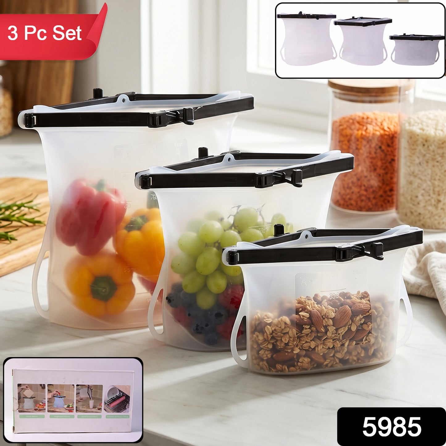 Silicone Food Storage Bags - Set of 3 Keepers for Fruits, Vegetables, Snacks