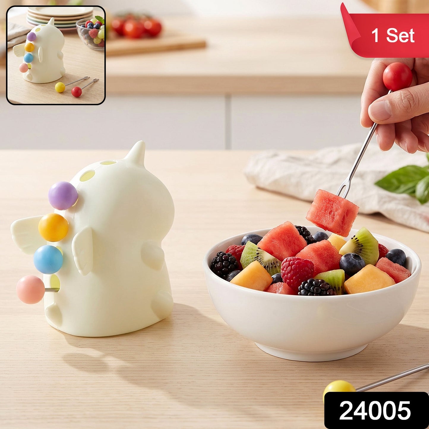 Cartoon Dinosaur Fruit Fork Set with Storage Case Stand for Kids (1 Set)
