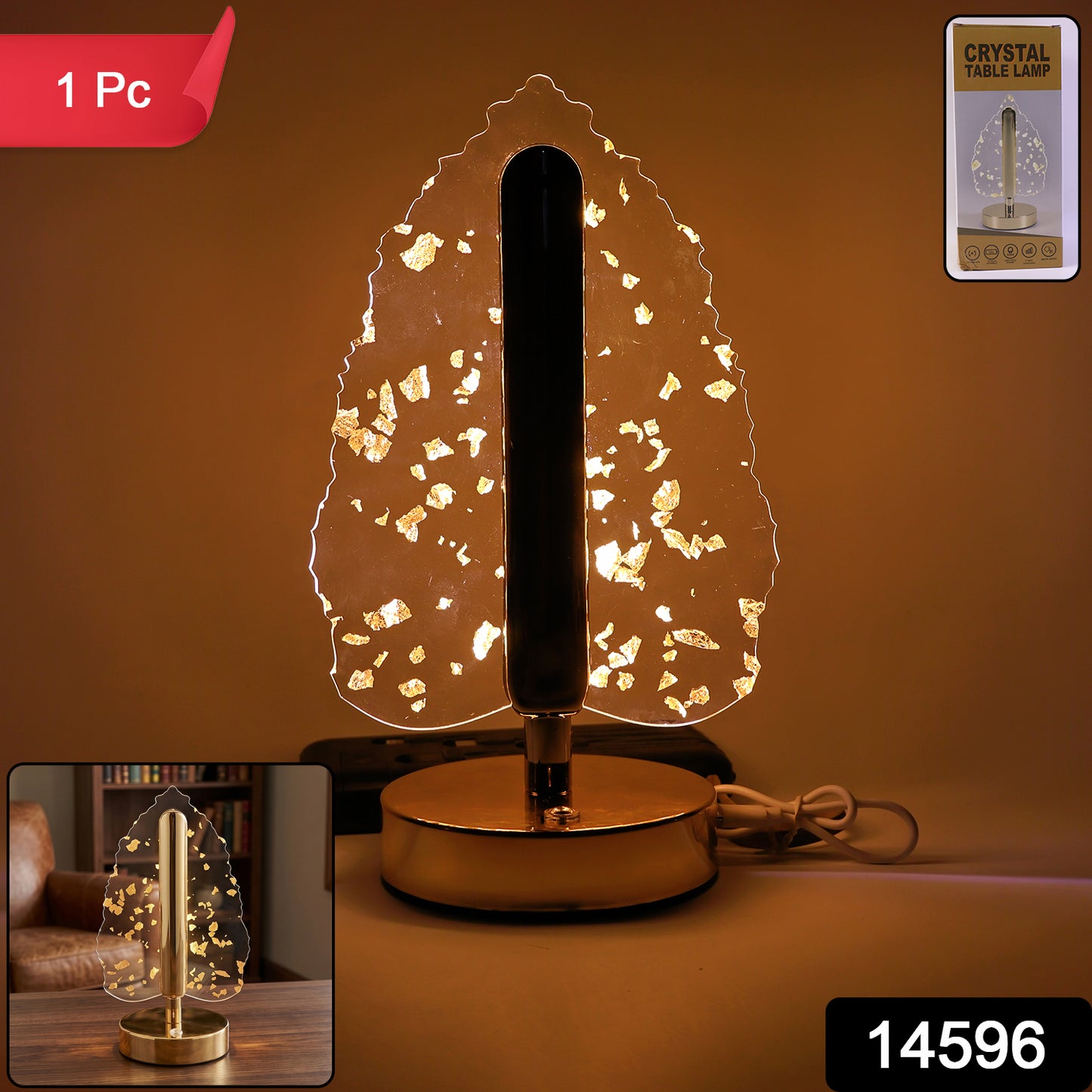 Premium Golden Crystal Leaf-Shaped LED Table Lamp (1 Pc)