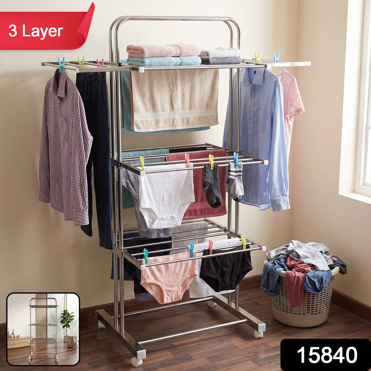 3 Layer Foldable Stainless Steel Cloth Drying Stand with Wheels