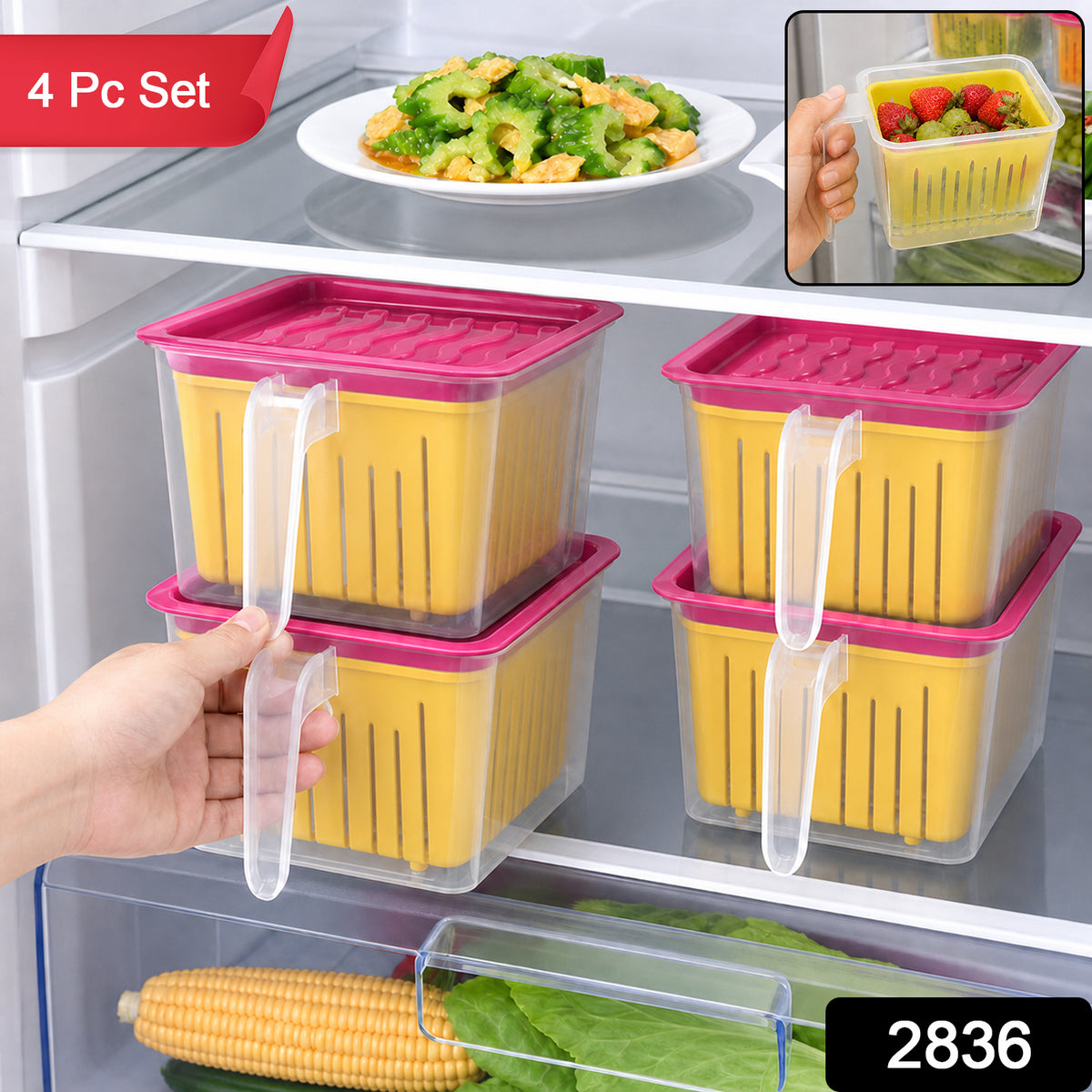 Fridge Storage Containers with Handle Plastic Storage Container for Kitchen(4 Pcs Set)