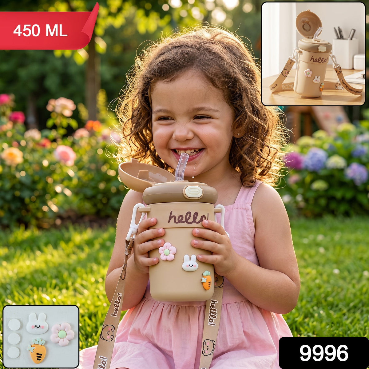 A smiling child holds a tan sipper bottle with a straw and cute animal and flower charms, with 450 ML and 9996 text overlays.