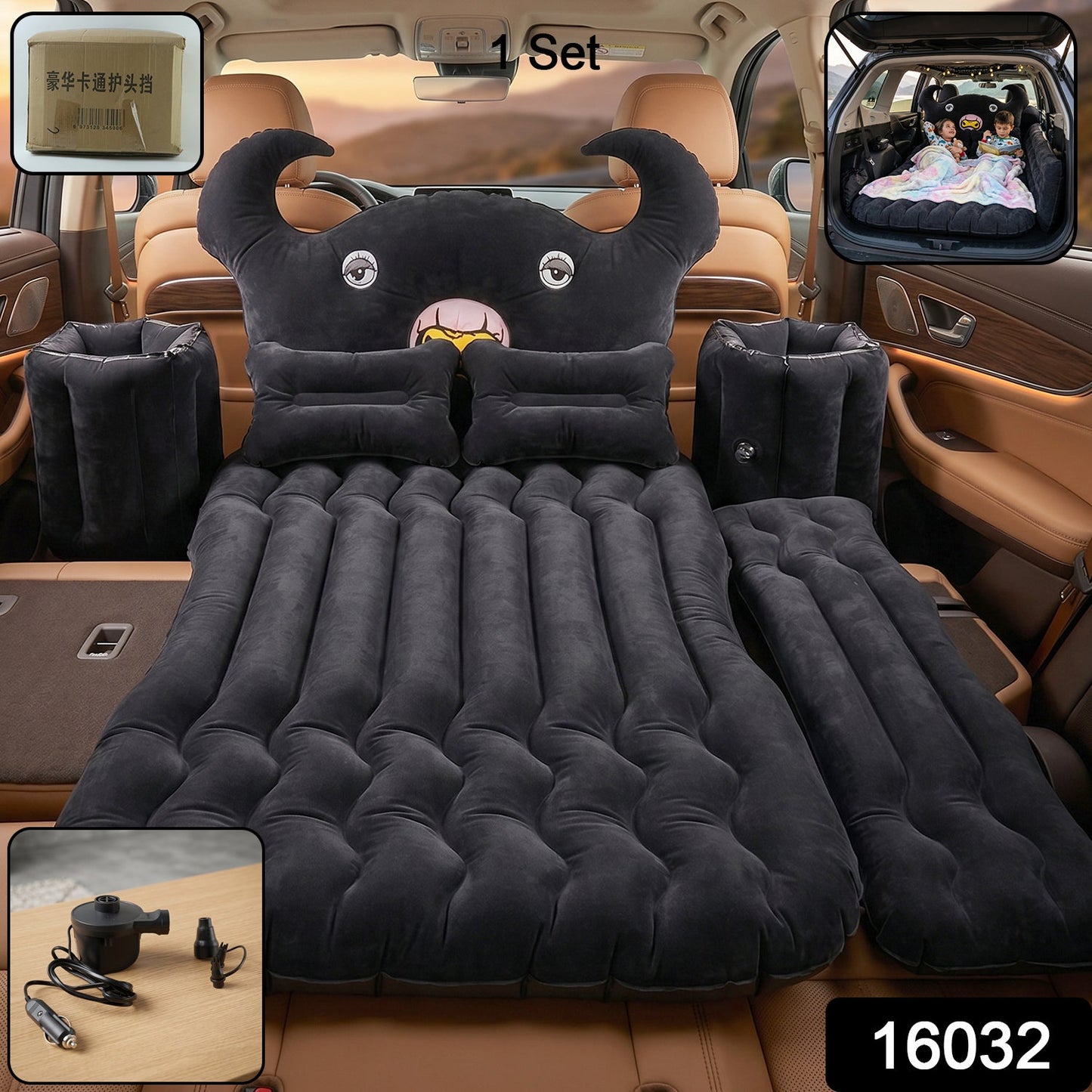 Car Air Mattress with Black Monster Pillow and Cushions for Kids and Adults (1 Set)