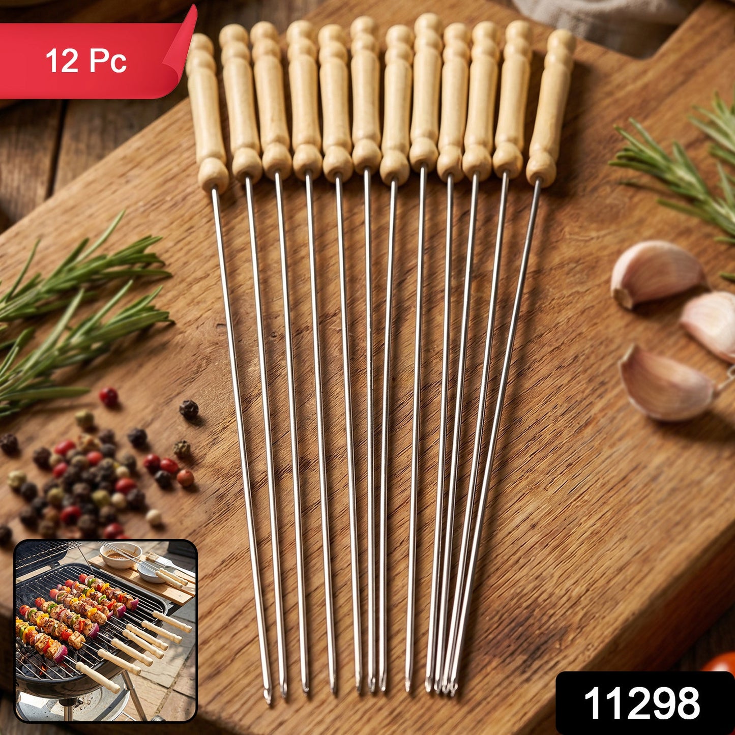 Stainless Steel BBQ Skewers with Wooden Handle (12 Pc)
