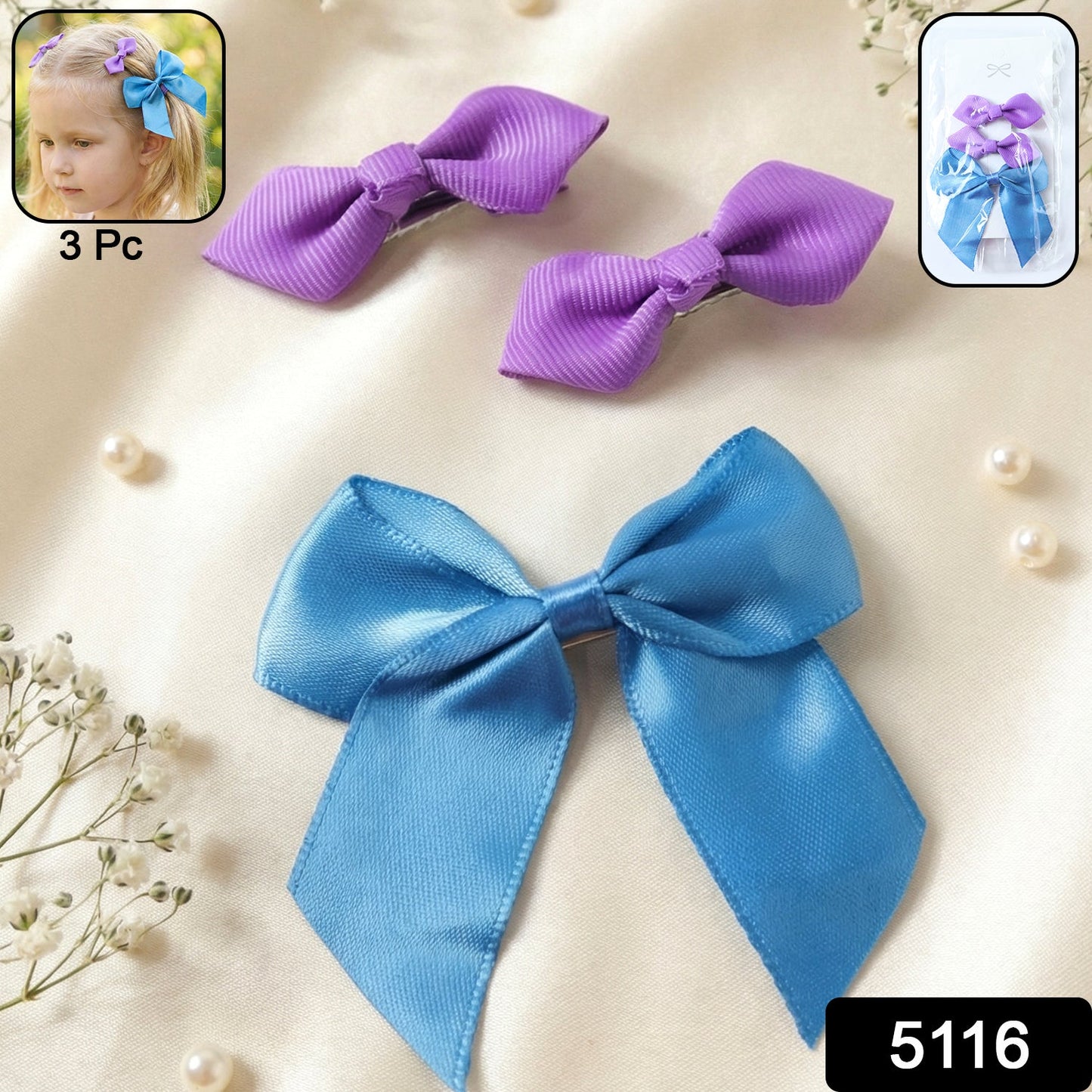 Elegant Satin Ribbon Bow Hair Clips Set (3 Pc)