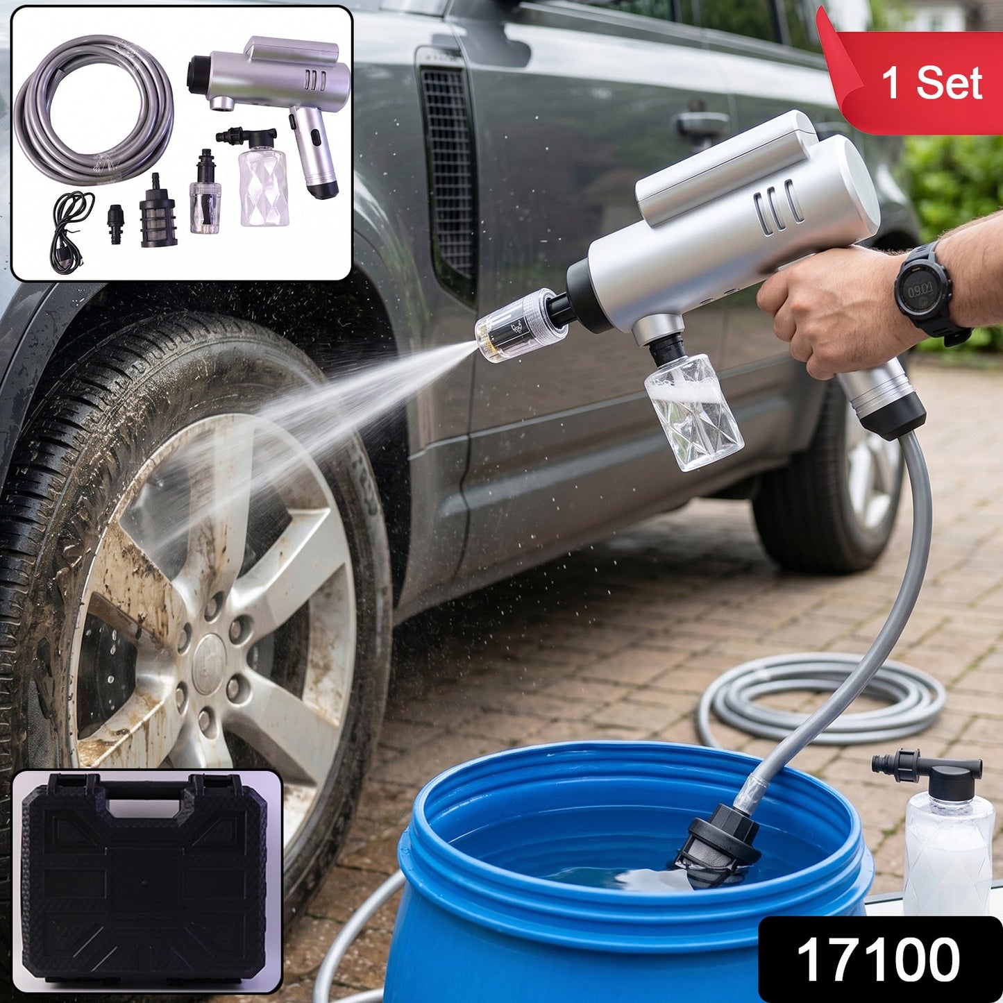 Portable cordless car pressure washer with multiple nozzles and carry case