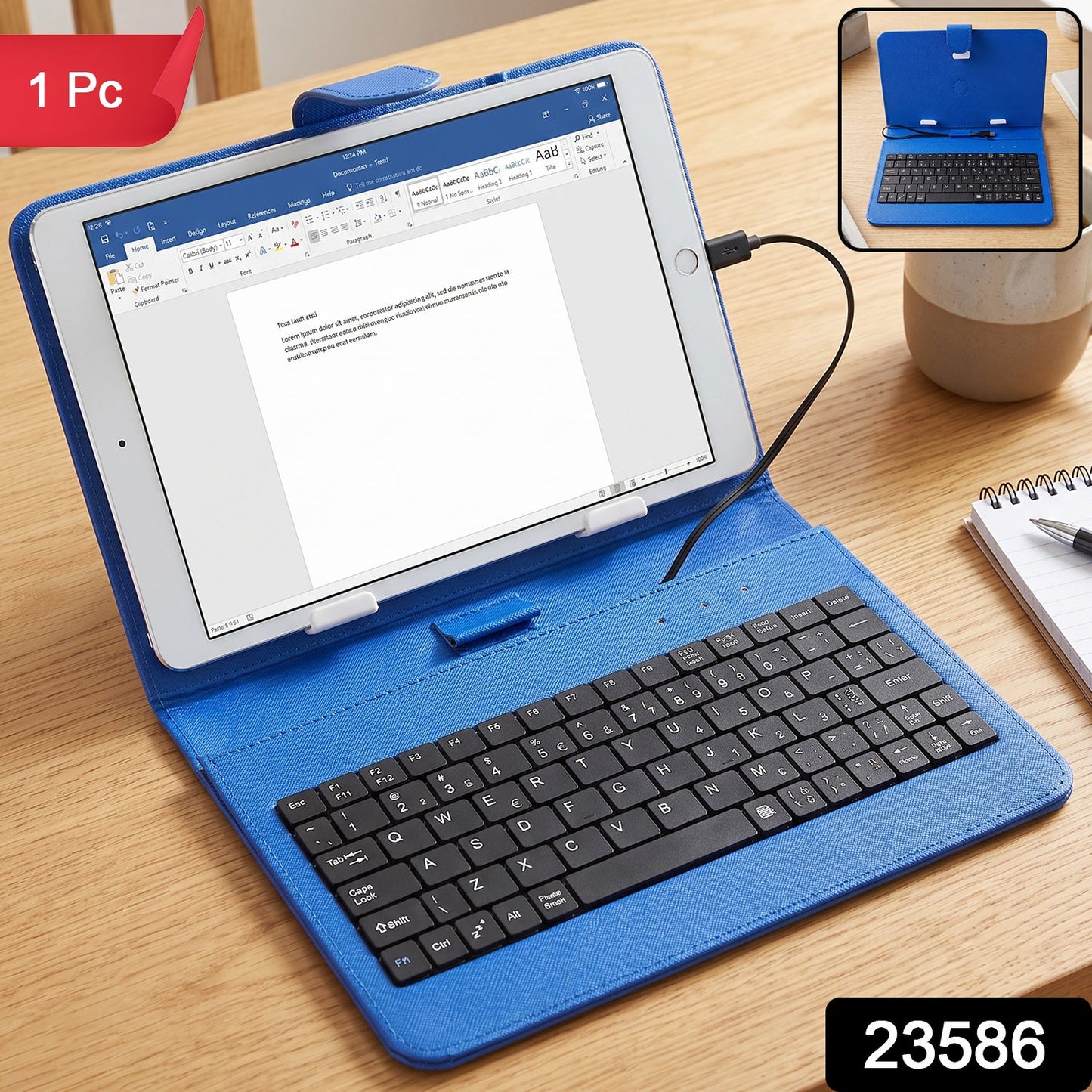 Portable Wired Tablet Keyboard with PU Leather Flip Case and Stand (1 Pc)