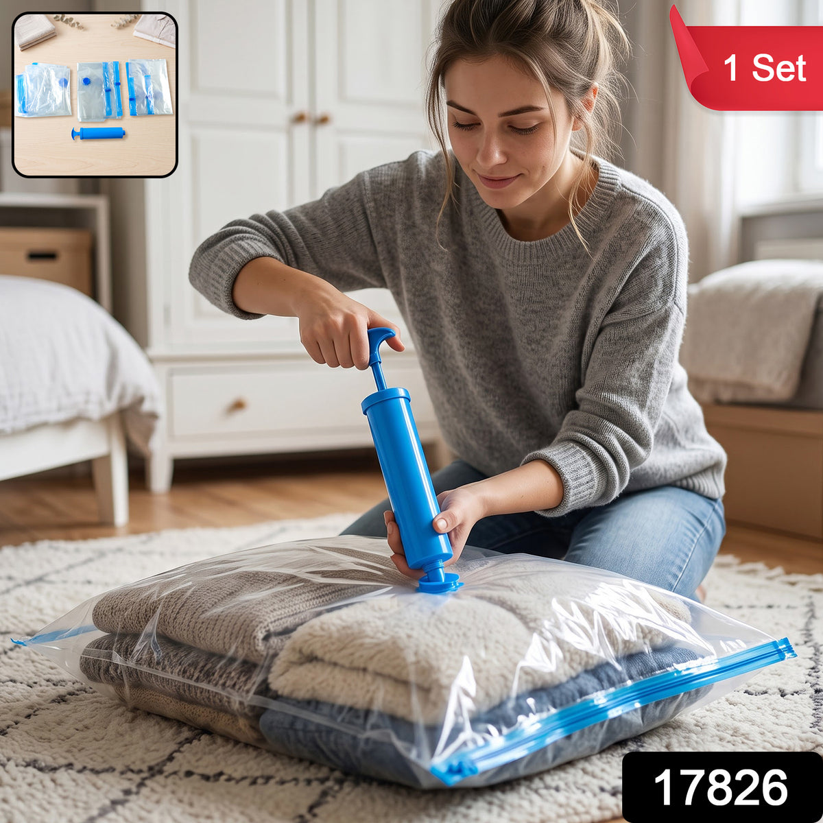 Vacuum Storage Bags with Suction Pump & Shirt clips - Vacuum Bags - Big Capacity Vacuum Seal Bags for Travel Clothes Blankets Pillows, Compression Bags | Space Saver Vacuum Storage Bags (5 Pcs Set)