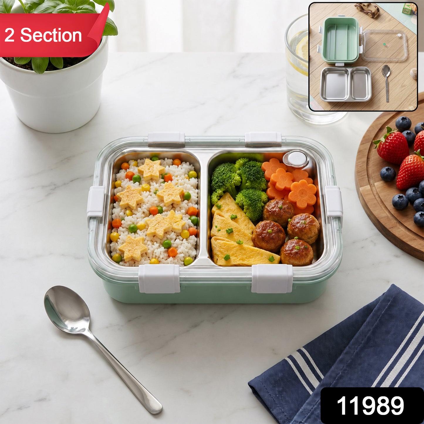 Stainless Steel Lunch Box 2 Section Lunch Box With Spoon
