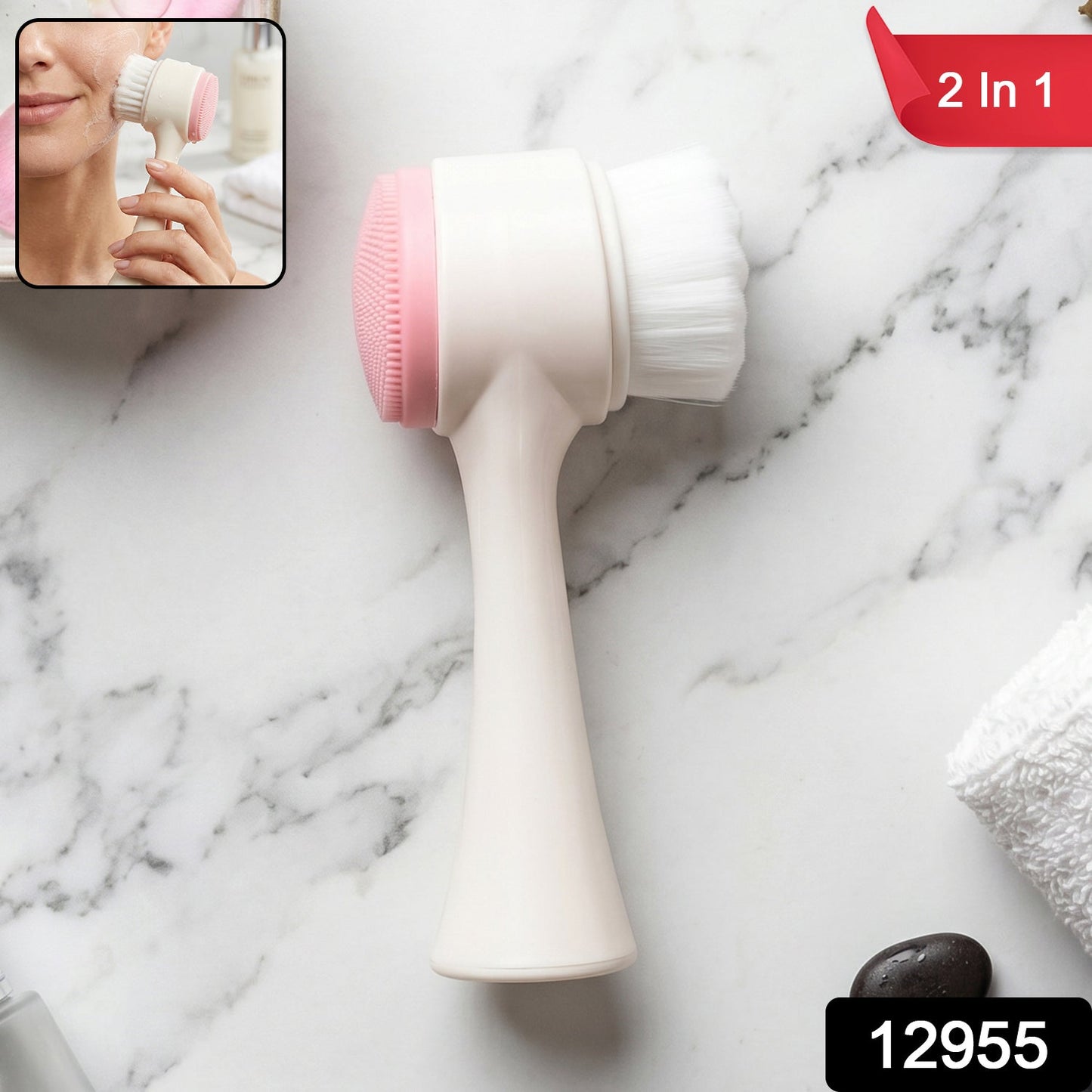 Close-up of dual-sided facial cleansing brush showing soft bristle and silicone scrubber