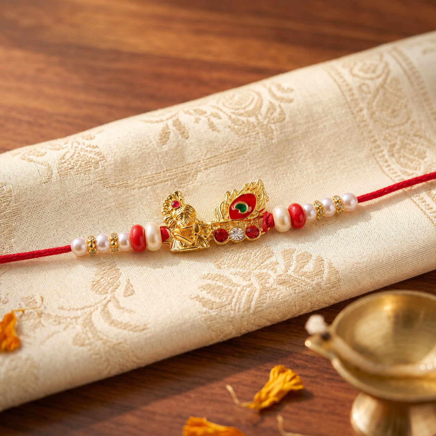 Close-up of the Krishna Mor Pankh Rakhi on a wrist, showing intricate design and detailing.