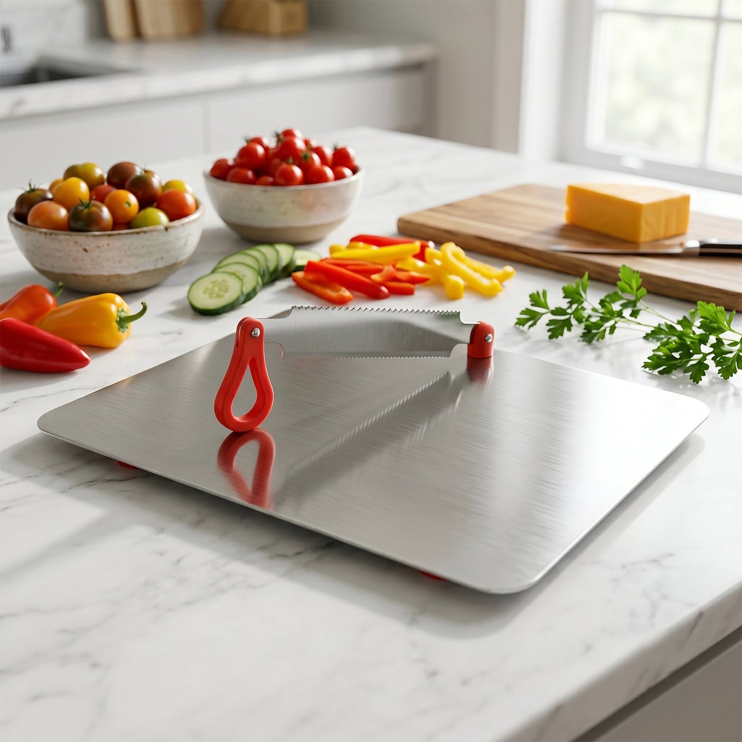 Close-up of stainless steel chopping board and included knife for versatile kitchen use.
