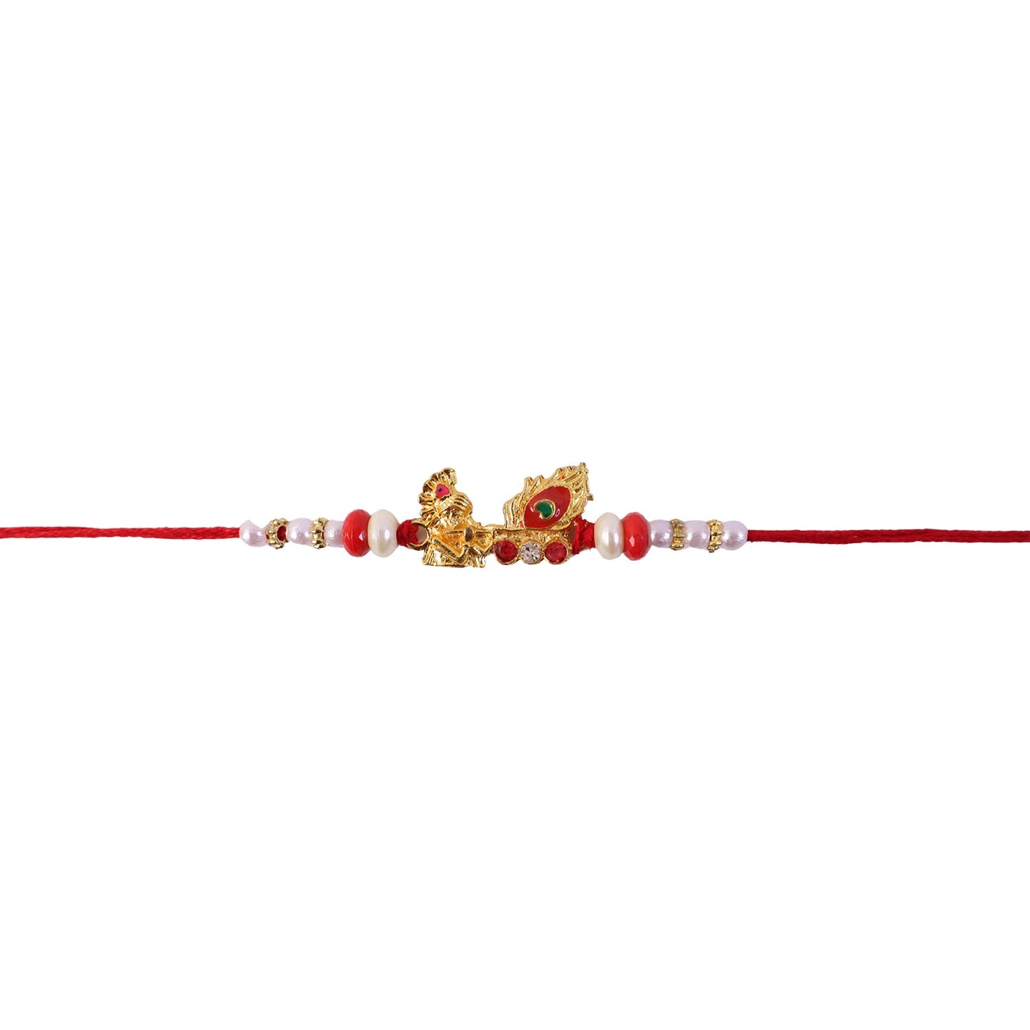 Zoomed-in view of the gold charm and red pearls on the festive Rakhi.